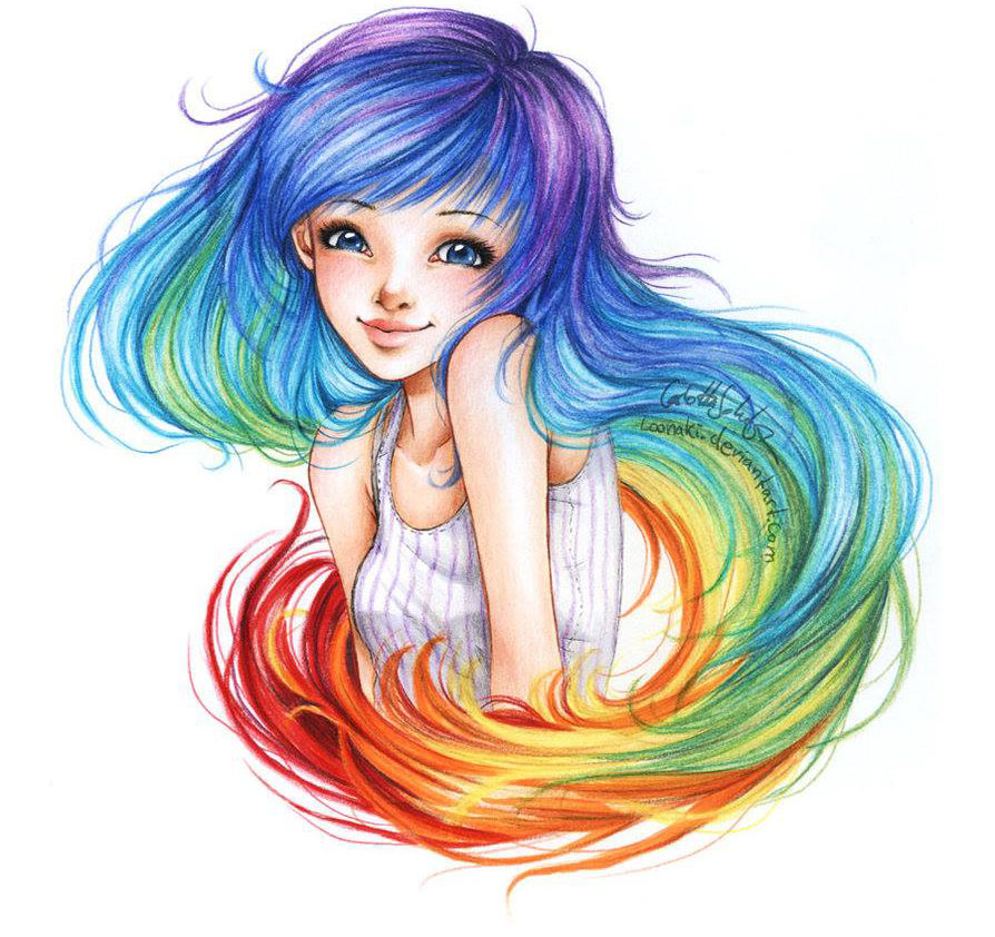 colourful hair color pencil drawing by loonaki
