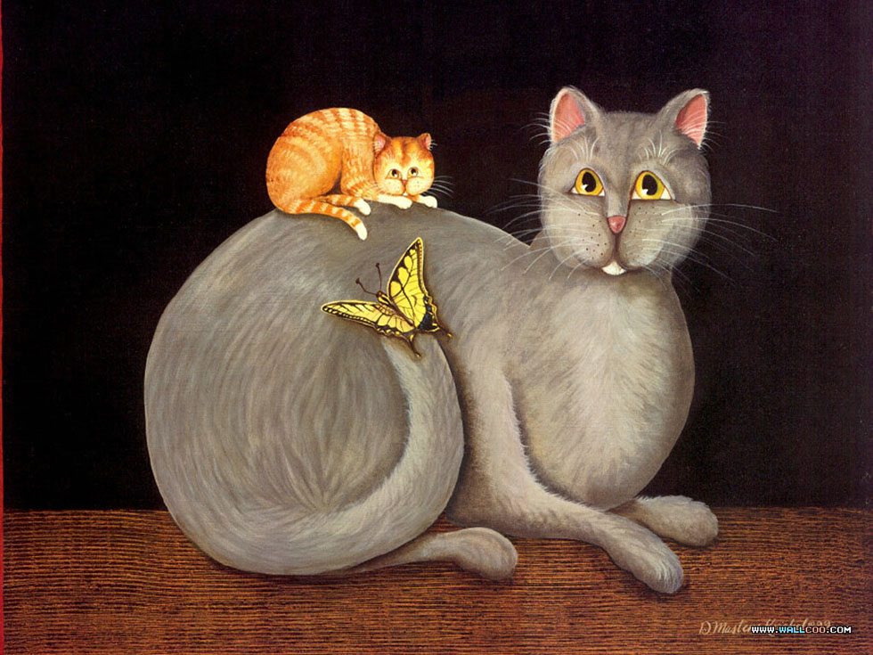 funny paintings cats and butterfly