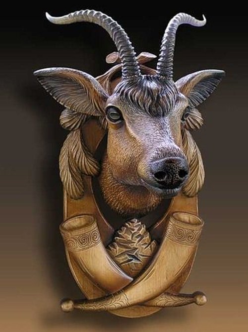 wood carving art work animal bull
