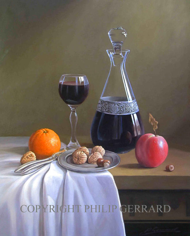 wine fruit still life painting by philip gerrard