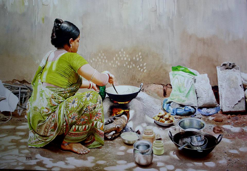 indian woman acrylic painting by raghunath sahoo