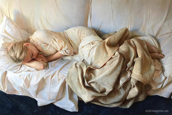 painting hyper realistic woman sleeping by serge marshennikov