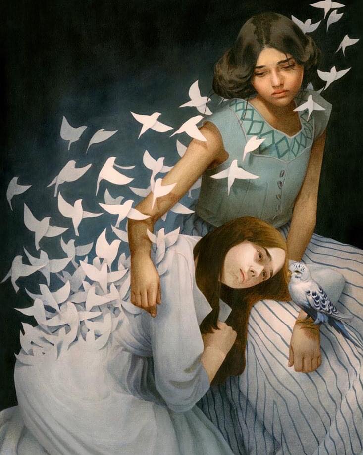 acrylic painting sad sisters by tran nguyen
