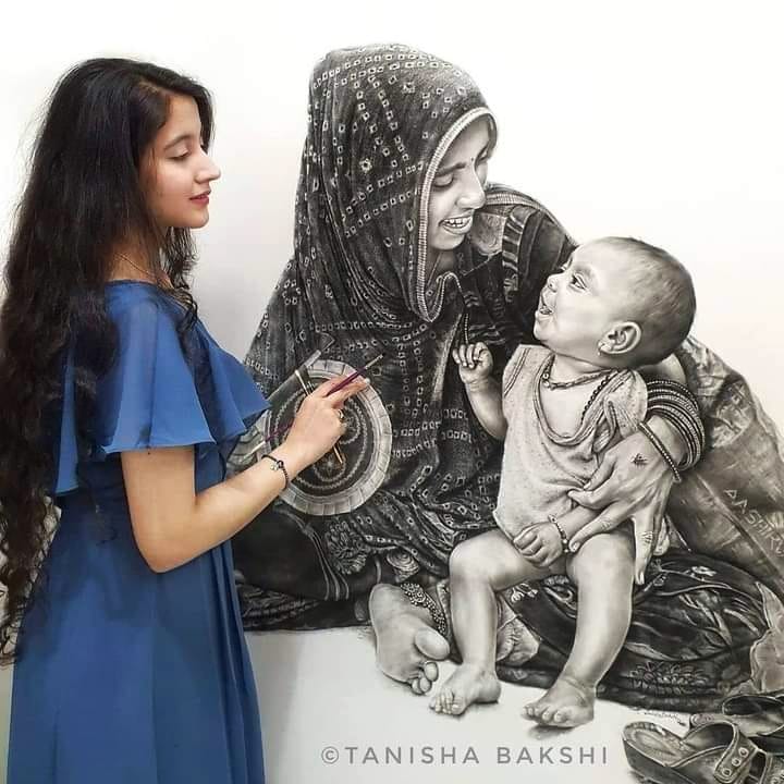 painting mother child monochrome by tanisha bakshi