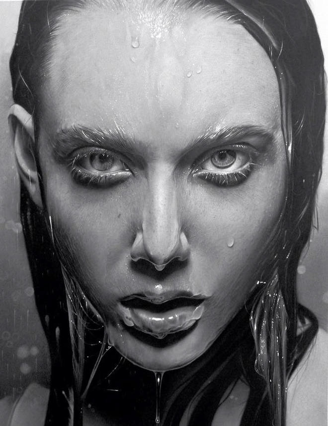 charcoal drawing portrait woman water drops by yves pedneault 