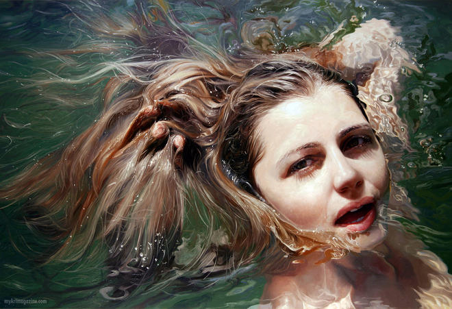 hyper realistic painting woman swim by alyssa monks