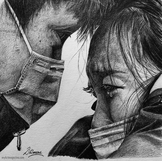 pencil drawings couple with mask corona virus by dhiman roy