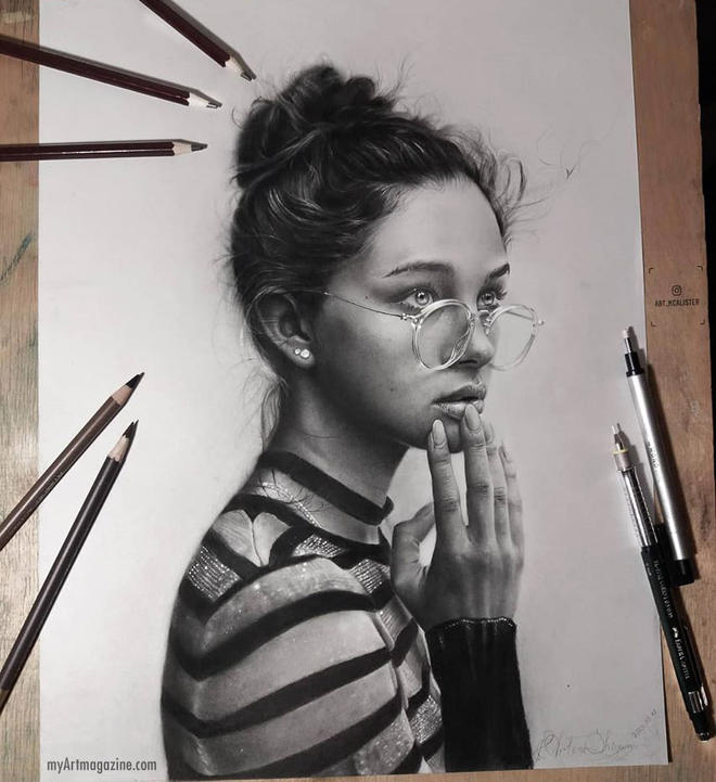 Realistic pencil drawing girl by artem shiyan