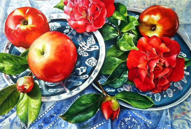 Painting realistic artwork fruits apple still life by susyq studio