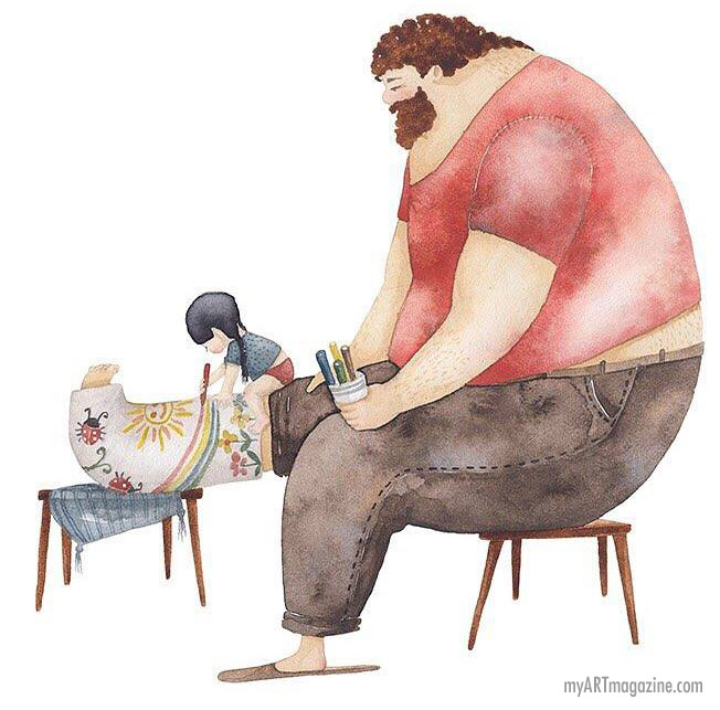 watercolor painting father kid by vskafandre