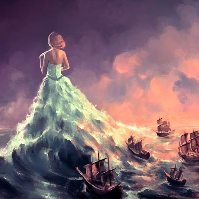 digital illustration woman sea waves by cyril rolando