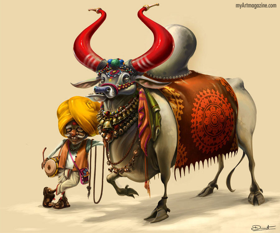 digital painting indian street man with bull sooth teller by dnyanesh sawant
