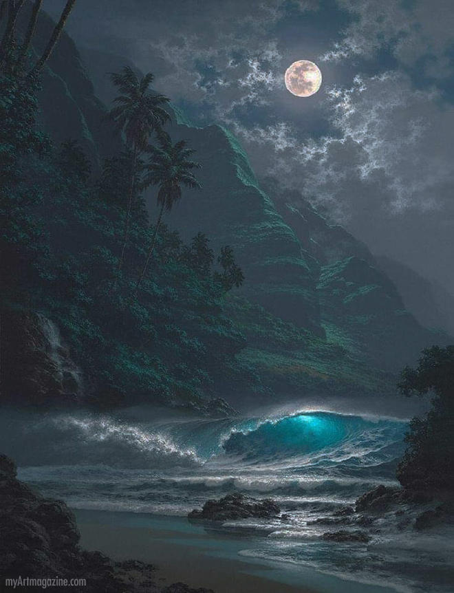 Painting night moon beach sea wave by roy tabora