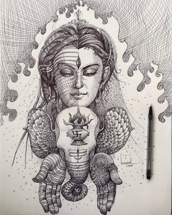 pen drawing indian god ganesh shiva by bijay biswaal