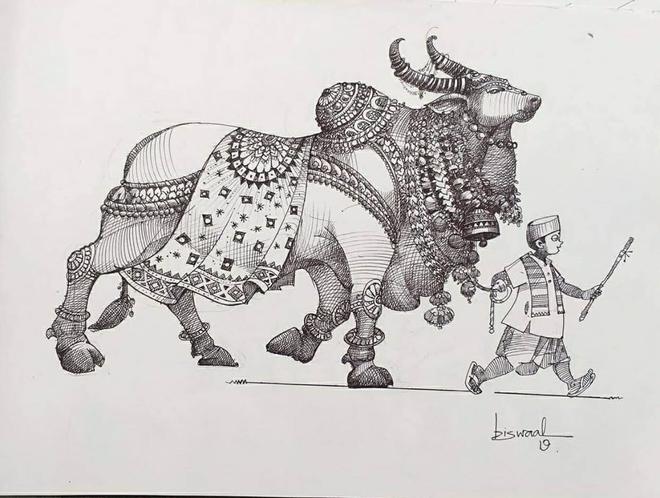 pen drawing bull man by bijay biswaal