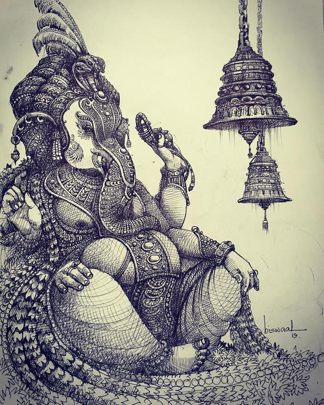 Pen drawing ganesh indian god by bijay biswaal